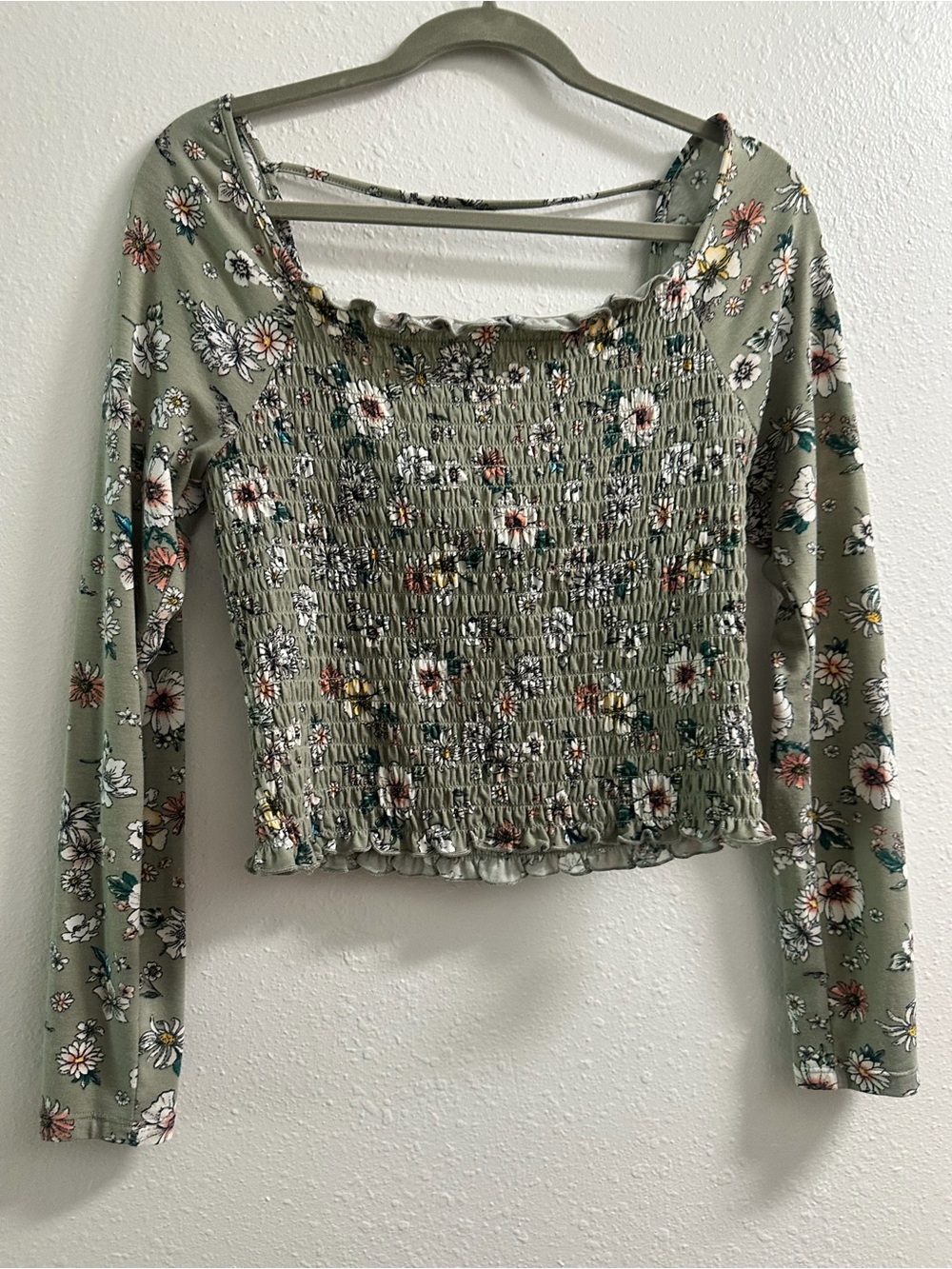 love, Fire Sage Green Floral Smocked Long-Sleeve Top